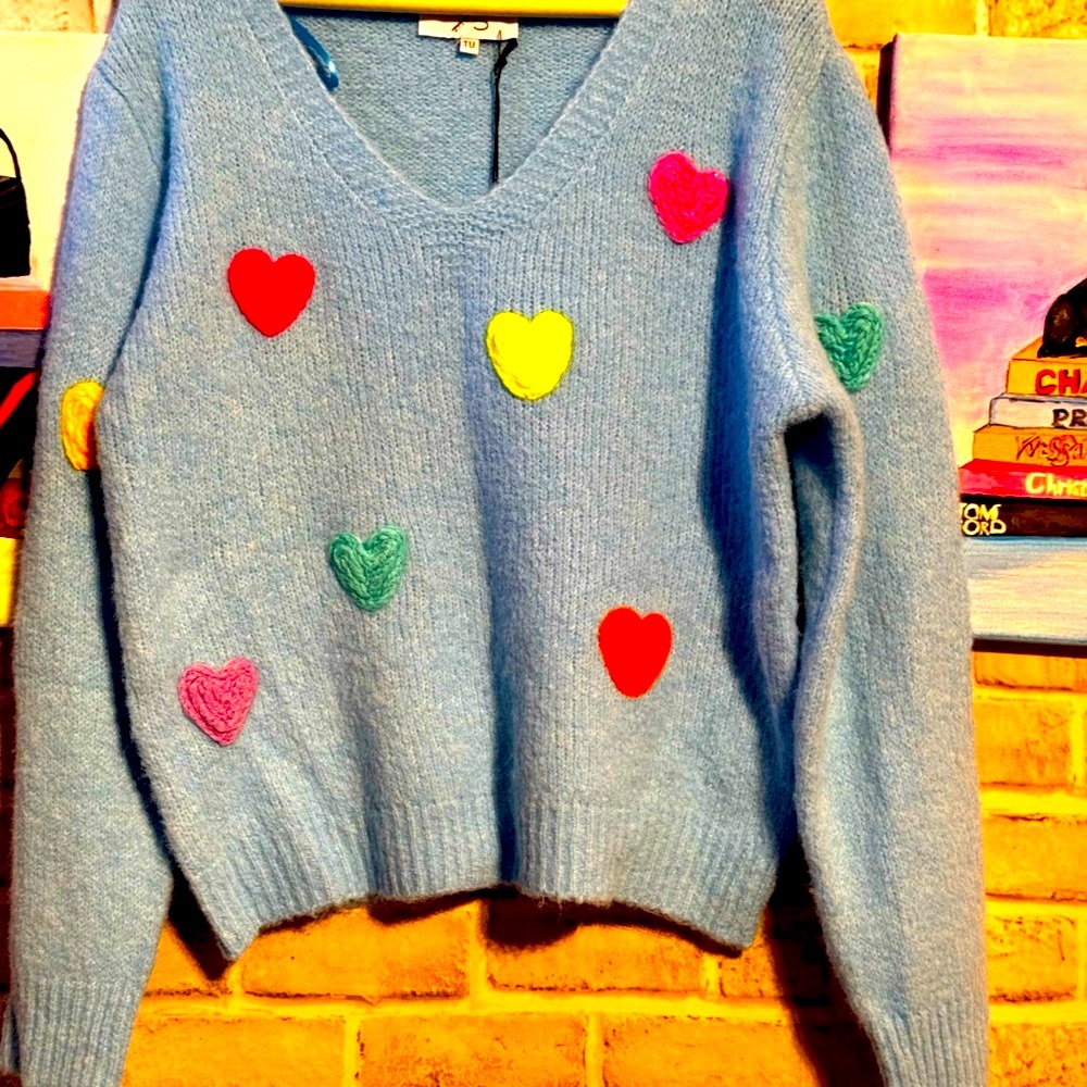 NWT Blue and Yellow V-Neck Sweater with Heart Accents